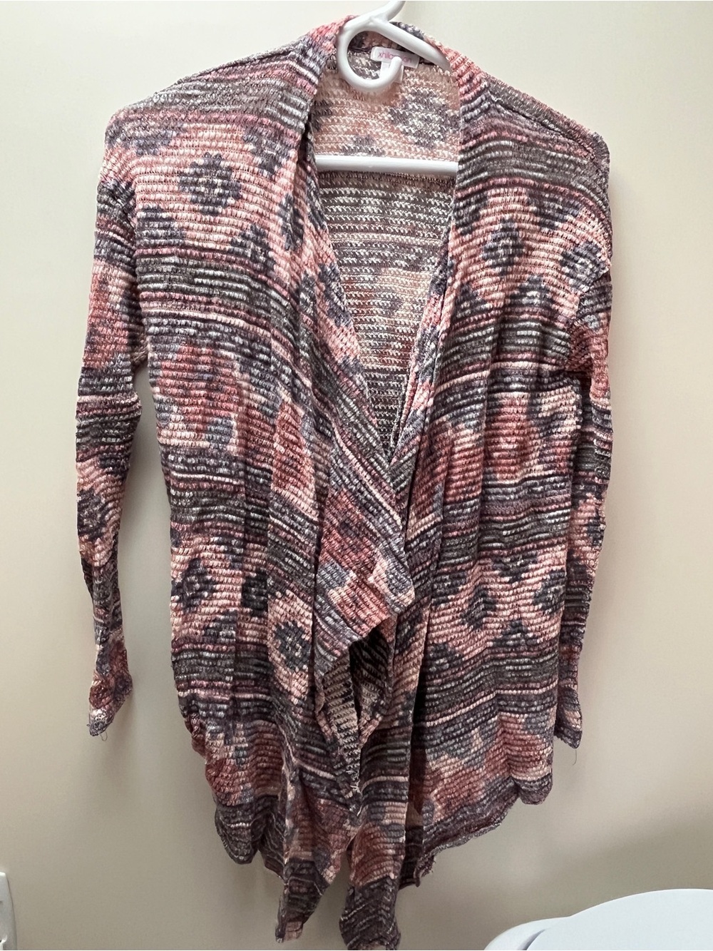LIGHTWEIGHT PINK & GREY OPEN FRONT DRAPED CARDIGAN SWEATER